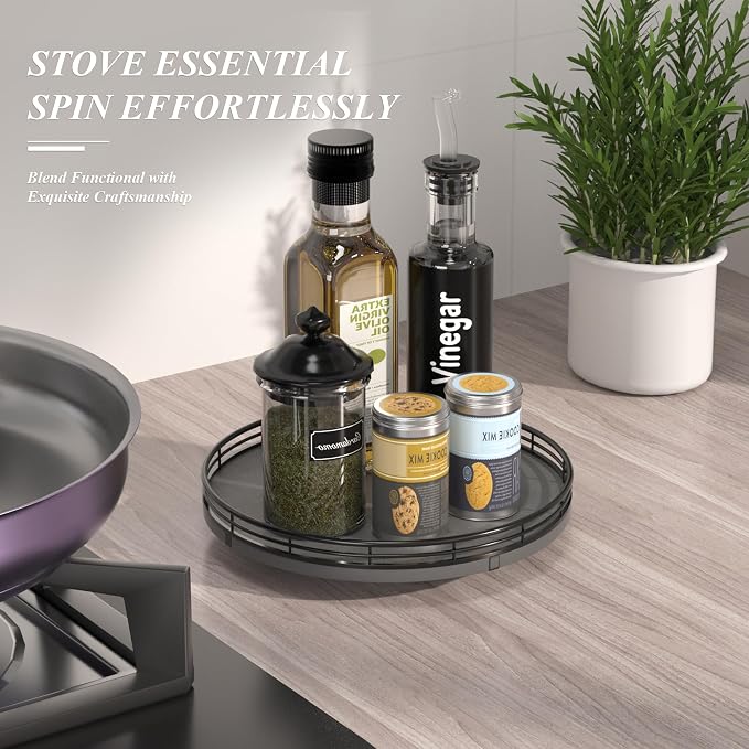 Nature Slate Lazy Susan Turntable for Table Top – 10” Round Slate Tray Organizer for Dining Table, Kitchen Countertop & Bar, Luxury Stone Serving Tray with Black Raised Iron Rim