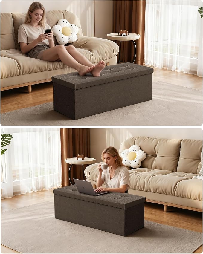 GLAXYFUR 43 Inches Folding Storage Ottoman Bench, Storage Chest, Footrest for Entryway, Living Room, Holds up to 660 lb, Brown