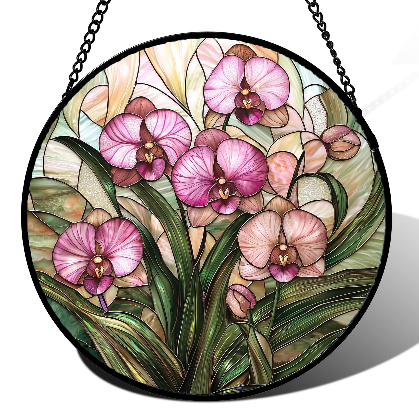 AMDERVEN Stained Glass Window Hanging - Pink Phalaenopsis Orchid Green Leaves Sun Catcher for Door Home Decor Flower Suncatcher Christmas Mother's Day Birthday Gifts for Women Men Mom Nana 9.8 in