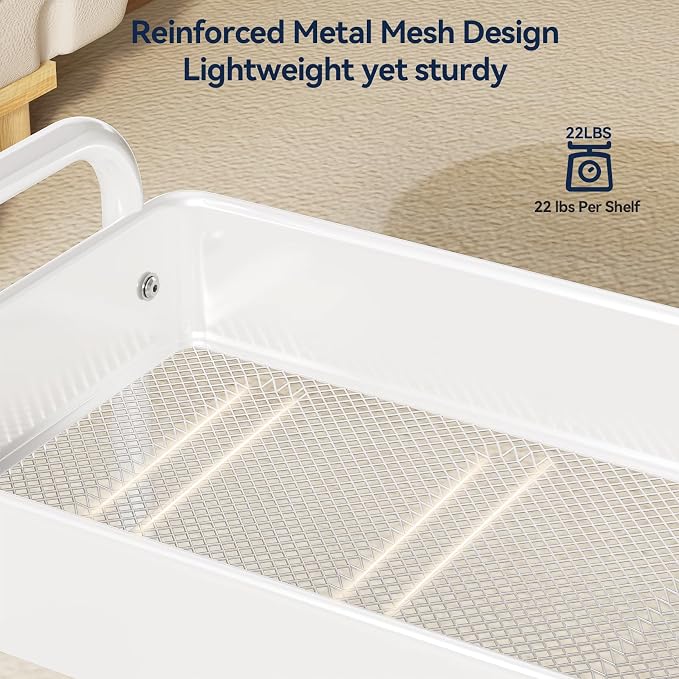 YASONIC Metal 3 Tier Rolling Cart - Heavy Duty Utility Cart with Lockable Wheels, Hanging Cups, Hooks, Mesh Rolling Storage Cart Craft Cart Organizer, Lightweight and Sturdy, White