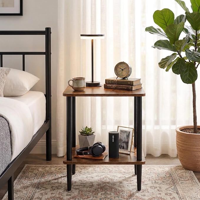 FORAOFUR End Table with Charge Station, Small End Tables Living Room, Nightstand with 2 Tier Storage Shelves for Small Spaces, Living Room, Bedroom, Sofa End Table Rustic Brown