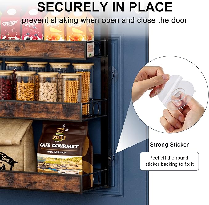 9 Tier Over The Door Pantry Orangizer 2 IN 1 Wall Mounted or Hanging Spice Rack with Adjustable Wood Basket,Heavy Duty Seasoning Storage Shelf for Kitchen Pantry and Bathroom Black