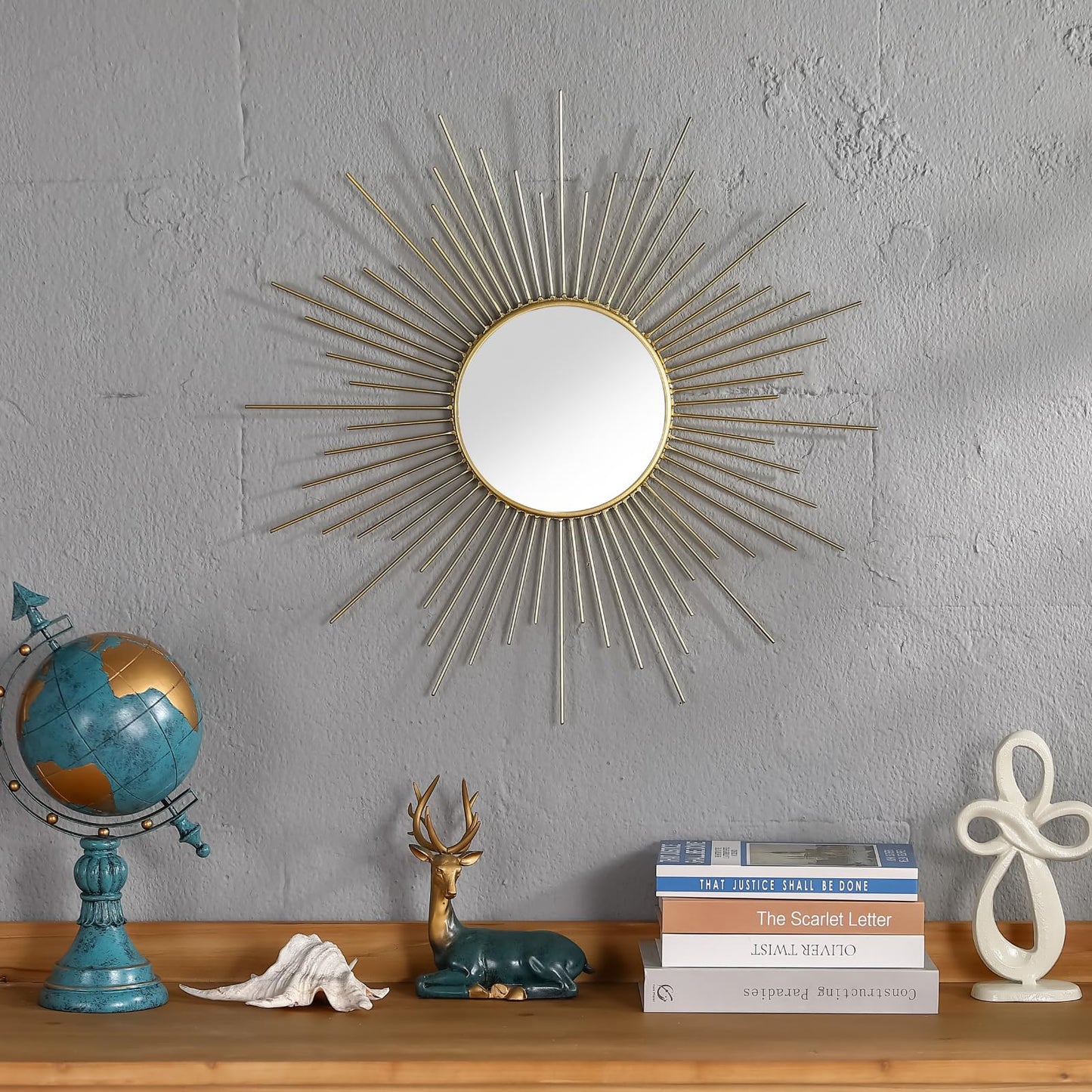 24'' Large Gold Sunburst Mirror, Metal Starburst Mirrors, Mid-Century Modern Sun Mirror Wall Decor for Living Room, Bedroom, Bathroom, Hallway, and Entryway