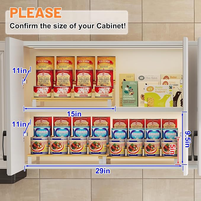 Expandable Can Organizer for Pantry, 3-Tier Adjustable Bamboo & Iron Can Rack for Cabinets, Easy Access Food Storage Shelf for Canned Goods, Soda & Soup Cans, Holds Up to 30 Cans, White
