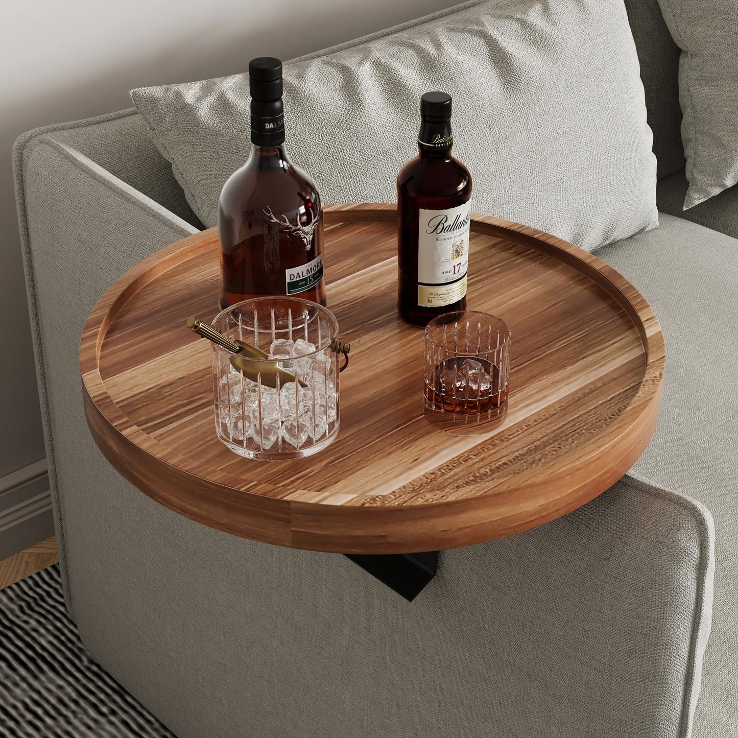 Semjar Acacia Wood Couch Arm Tray Table,Anti-Slip Adjustable Round Sofa Arm Tray,Wooden Armrest Caddy Table for Couches,Arm Chair Companion for Drinks Cellphone TV Remote Snacks
