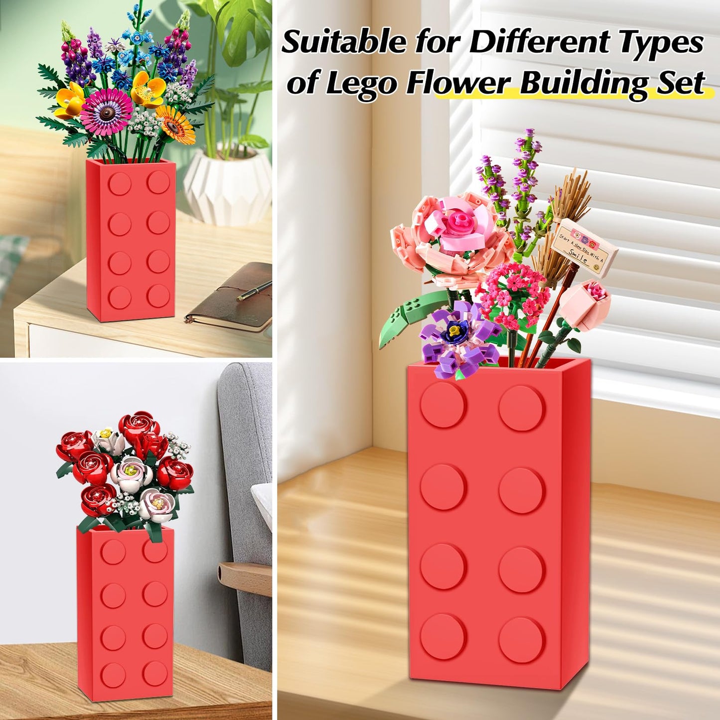 Vase for Lego 10347 10280 10328 Flowers, for Lego Flower Bouquet Building Set,Display Stand for LegoRoses Cherry Blossom Sunflower Tulips Daffodils Lotus-Gift for Lego Flowers Lover(vase only)-Red