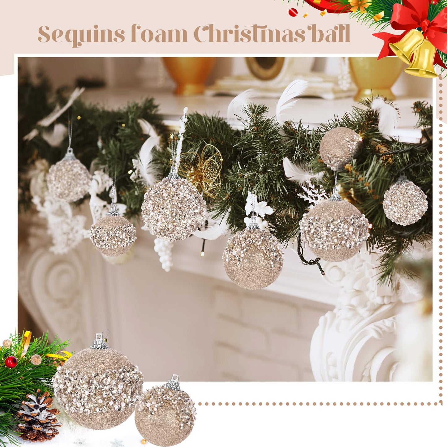 Poen 24 Pcs Glitter Christmas Ball Ornaments Set Christmas Tree Ornaments Hanging Sequin Foam Xmas Balls Decoration for Xmas Tree Wreath Garland Home Decor Wedding Party(Champagne)