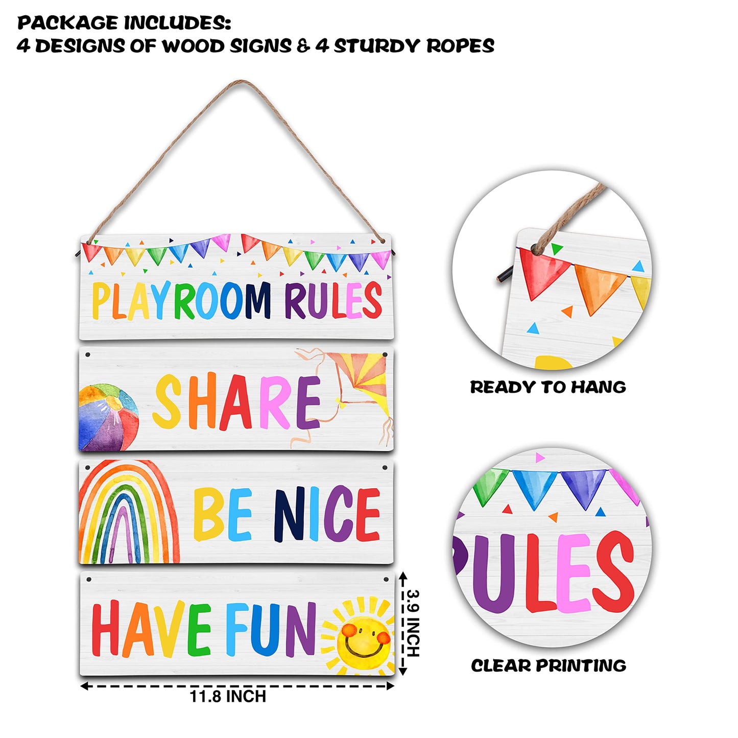 4 Pieces Playroom Decor Kids Room Wall Decor Wooden Sign - Rainbow Theme Motivational Wall Art For Kids Room Nursery Classroom - Playroom Rules Be Nice Share Have Fun(Sign-12)