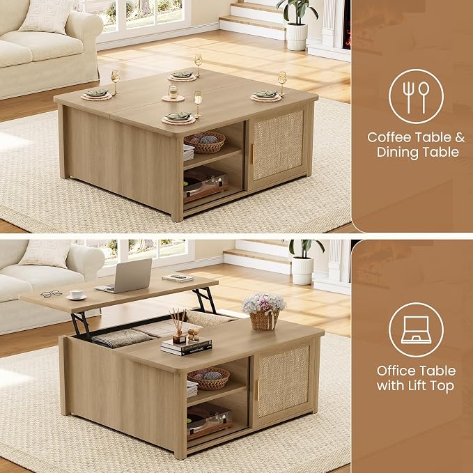 SEDETA 31.5" Lift Top Coffee Table with Storage, Square Coffee Tables for Living Room, Farmhouse Coffee Table with Large Hidden Storage Compartment and Adjustable Shelves, Rattan Oak