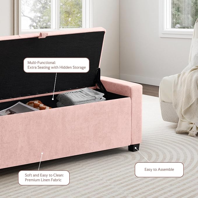 GRAINELL Storage Ottoman Bench, Upholstered Tufted Bedroom Bench with Storage, End of Bed Storage Bench for Living Room & Entryway, 350 lb Capacity, Linen Pink