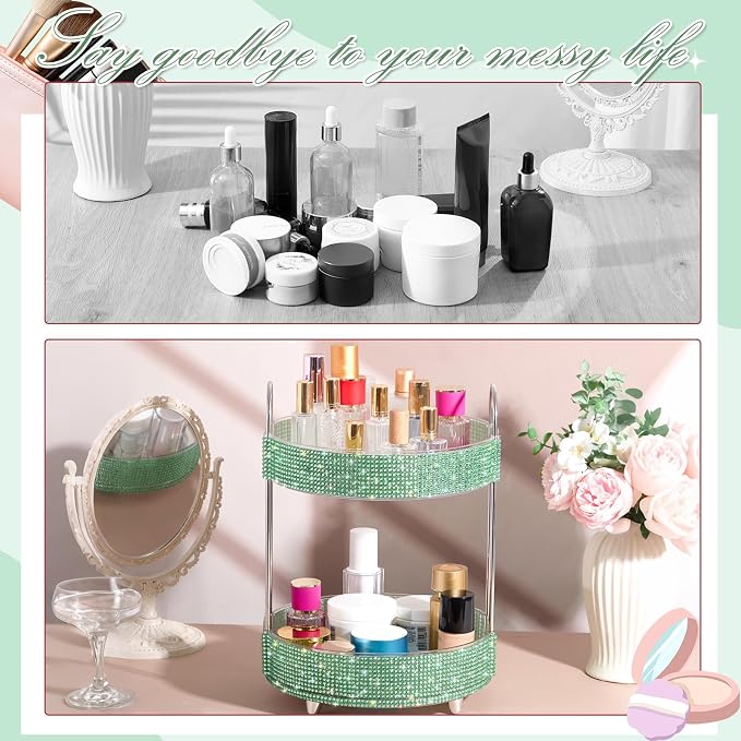 Honeydak 360 Rotating Perfume Organizer Gift for Women, Rhinestone Preppy Skincare Organizer Bathroom Counter Makeup Holder Skincare and Perfume Storage for Cosmetic(2 Tiers,Resin Diamond,Green)