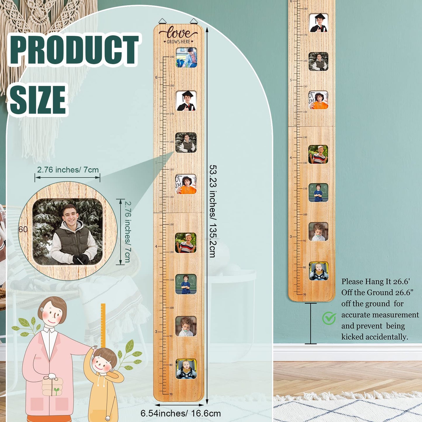 Chunful Wooden Growth Chart for Kids with Picture Frames Height Growth Chart for Wall Foldable Height Measurement Ruler for Boy Girl Teen Bedroom Playroom Nursery Child's Room Wall Decoration