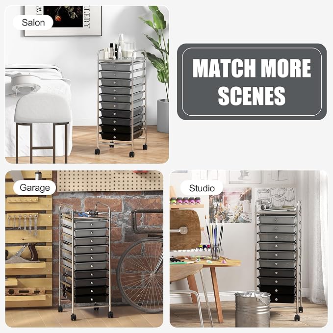 MEDIMALL 10 Drawers Rolling Storage Cart, Multipurpose Craft Storage Cart with Wheels, Mobile Tools Scrapbook Paper Organizer Cart for Office School Home Use