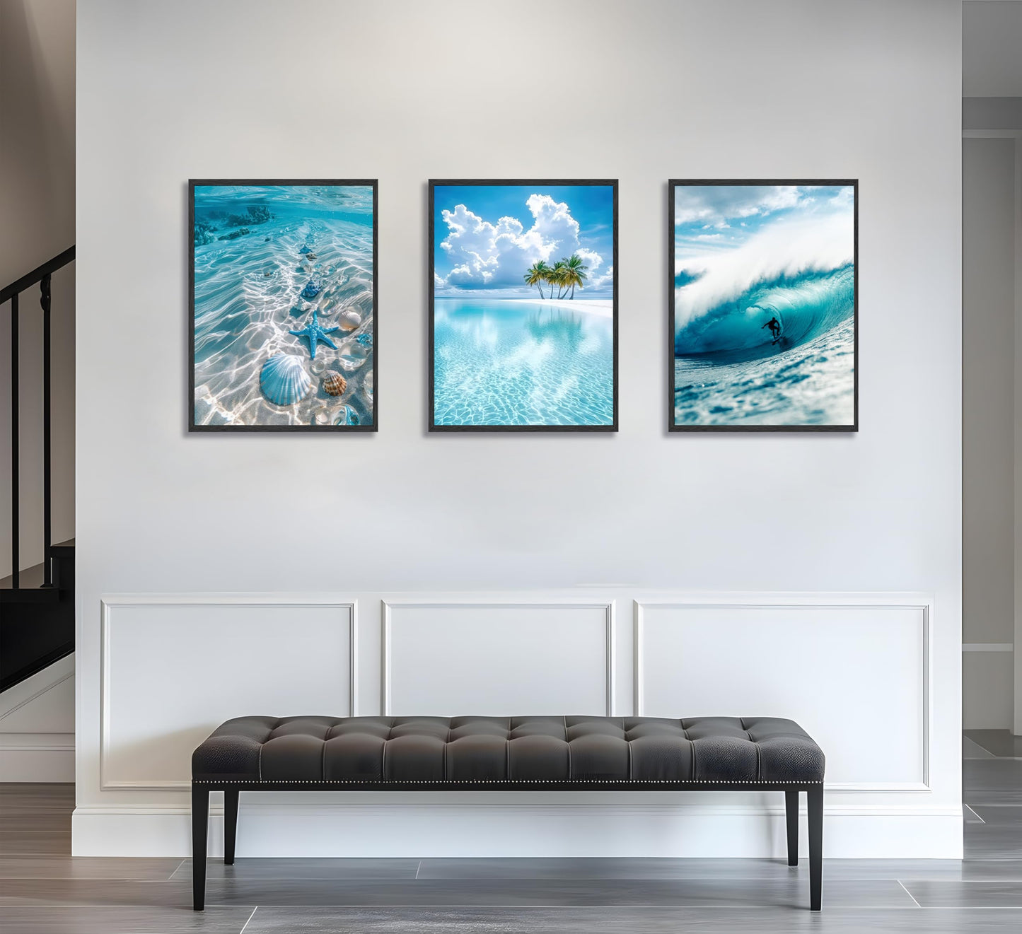 3pcs Blue Ocean Wall Art Featuring Starfish Seashells Waves and Palm Trees Summer Beach-Themed Canvas Paintings Prints Modern Coastal Style Posters Wall Decor suitable for Bathroom living room Decoration (Unframed)