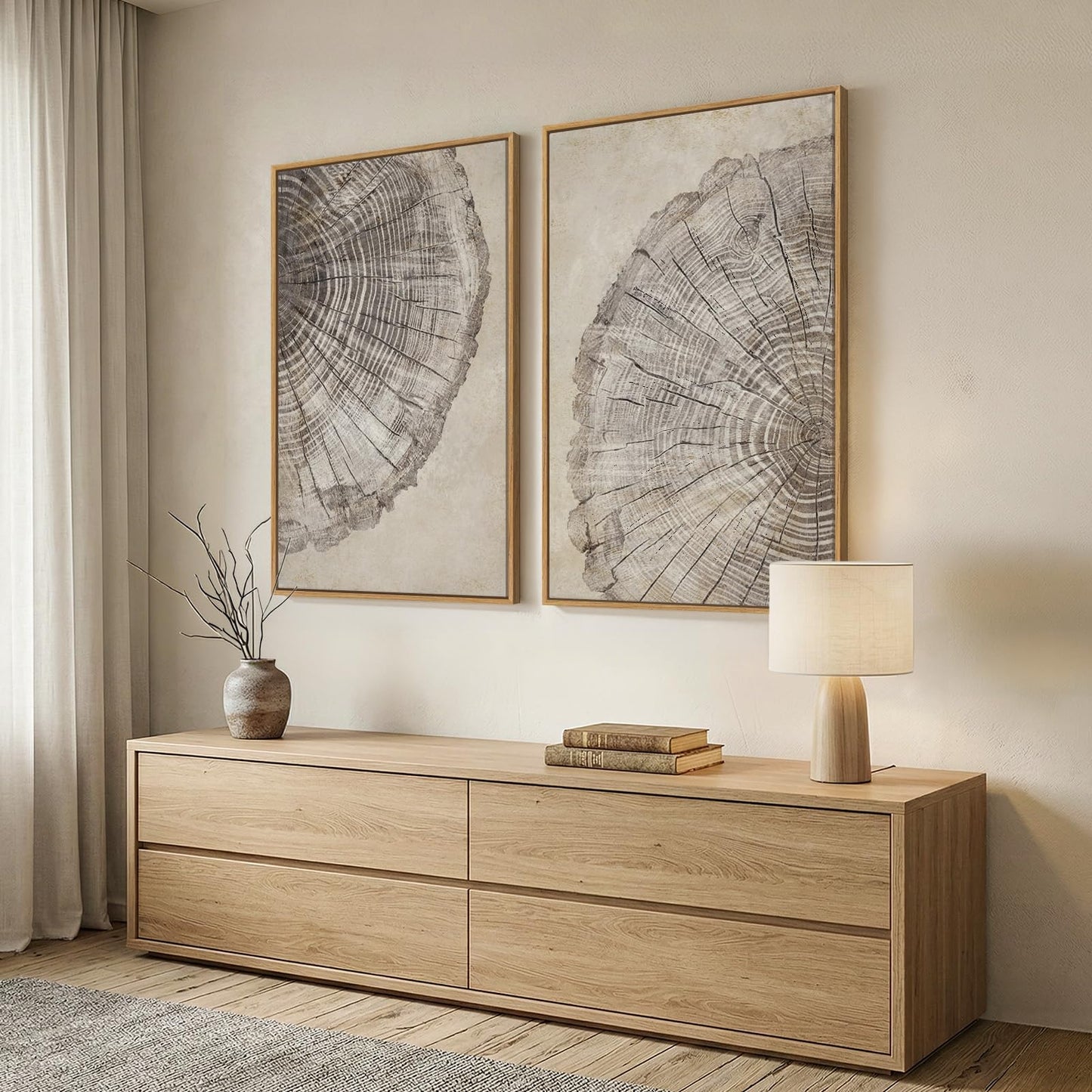 2 Piece Framed Neutral Tree Rings Wall Art for Living Room, Large Modern Wood Grain Canvas Prints Paintings, Farmhouse Nature Wabi Sabi Artwork Decor for Bedroom Hallway 24x36 Inch