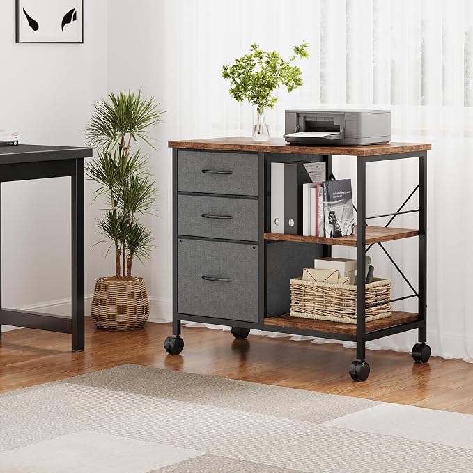 OLIXIS 3-Tier Printer Stand with Fabric Storage Drawer, Rolling Printer Cart with Lockable Wheels and Metal Frame, Under Desk Table with Open Storage Shelf for Small Spaces, Home, Office, Gray