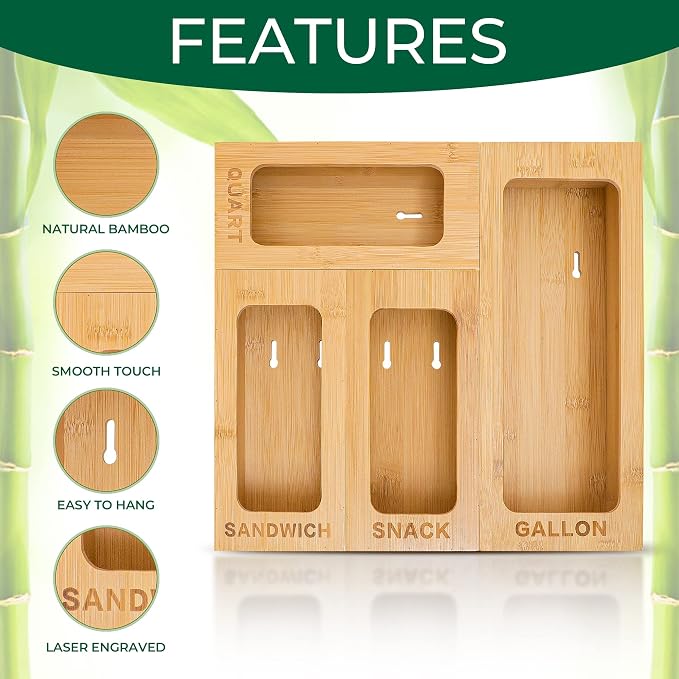 PALM NAKI Drawer Organizer for Bags, Kitchen Plastic - Bag Storage, Gallon, Quart, Snack & Sandwich Sizes