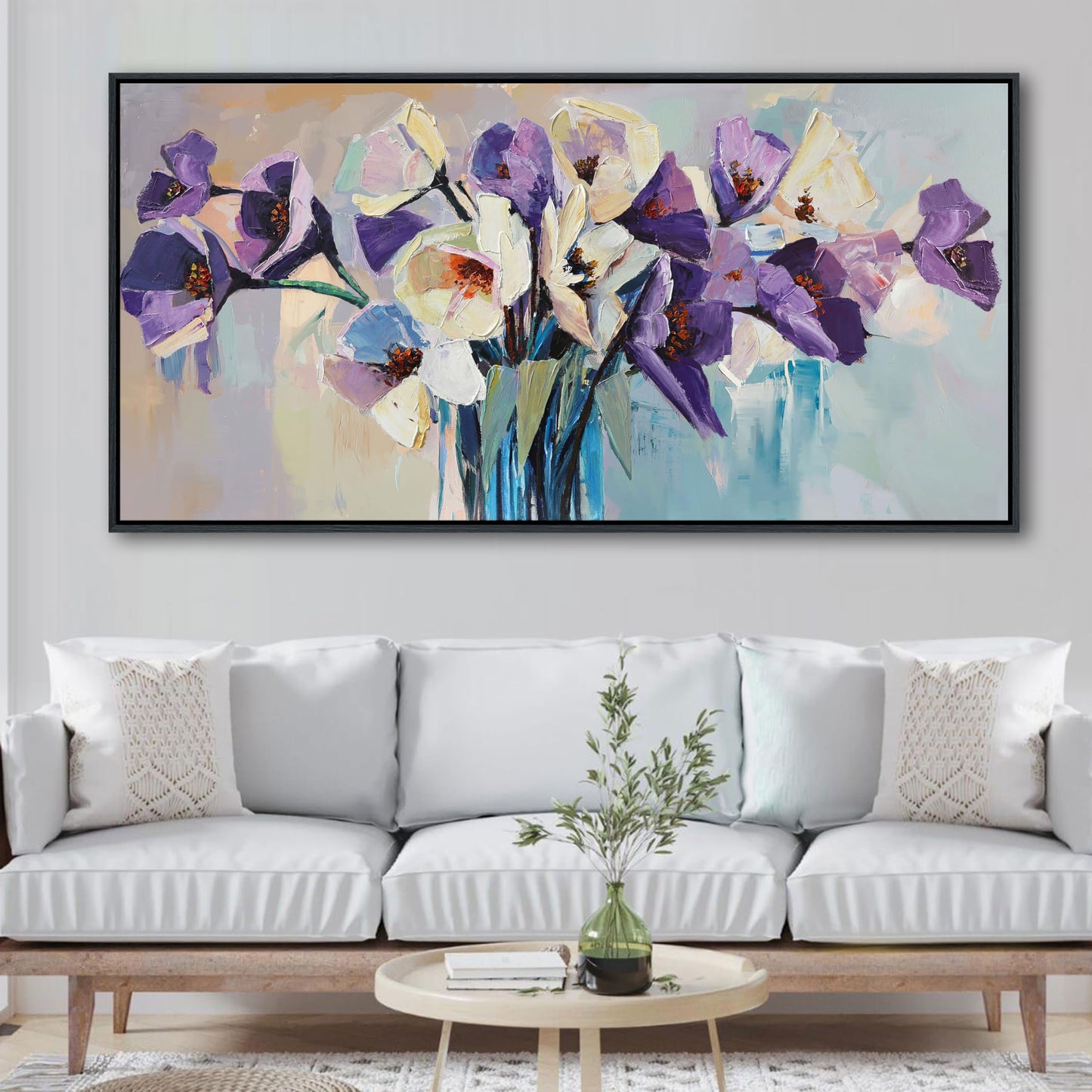 yiijeah Purple Flower Wall Decoration - 58x29 Inches Purple and White Bouquet Florid Picture Artwork Wall Decor for Bedroom Living Room Office Home Decoration