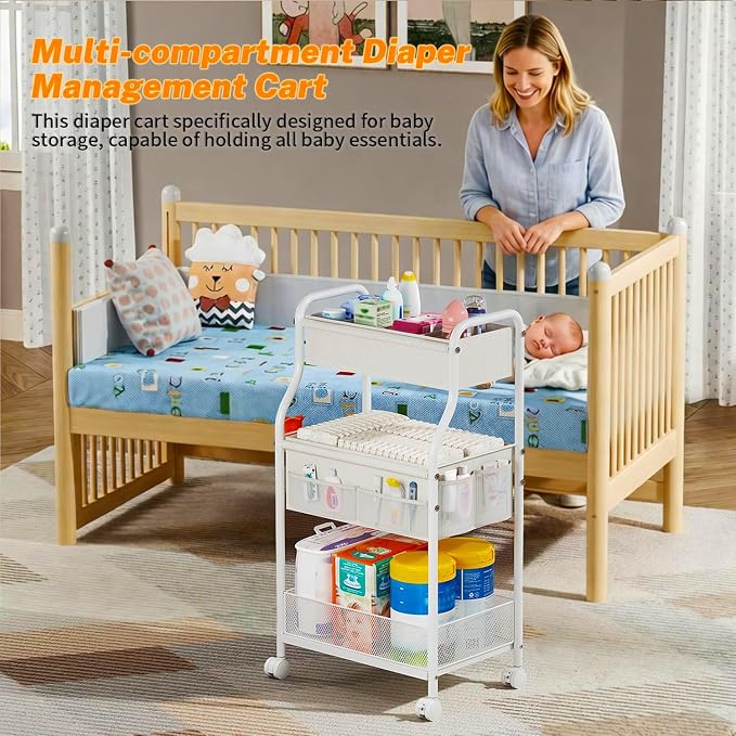 3-Tier Diaper Caddy Organizer & Rolling Cart,Metal Utility Cart with 4+2 Dividers & Lockable Silent Casters, Mobile Storage Cart for Nursery Essentials, Multi-Purpose for Kidsroom Changing Table