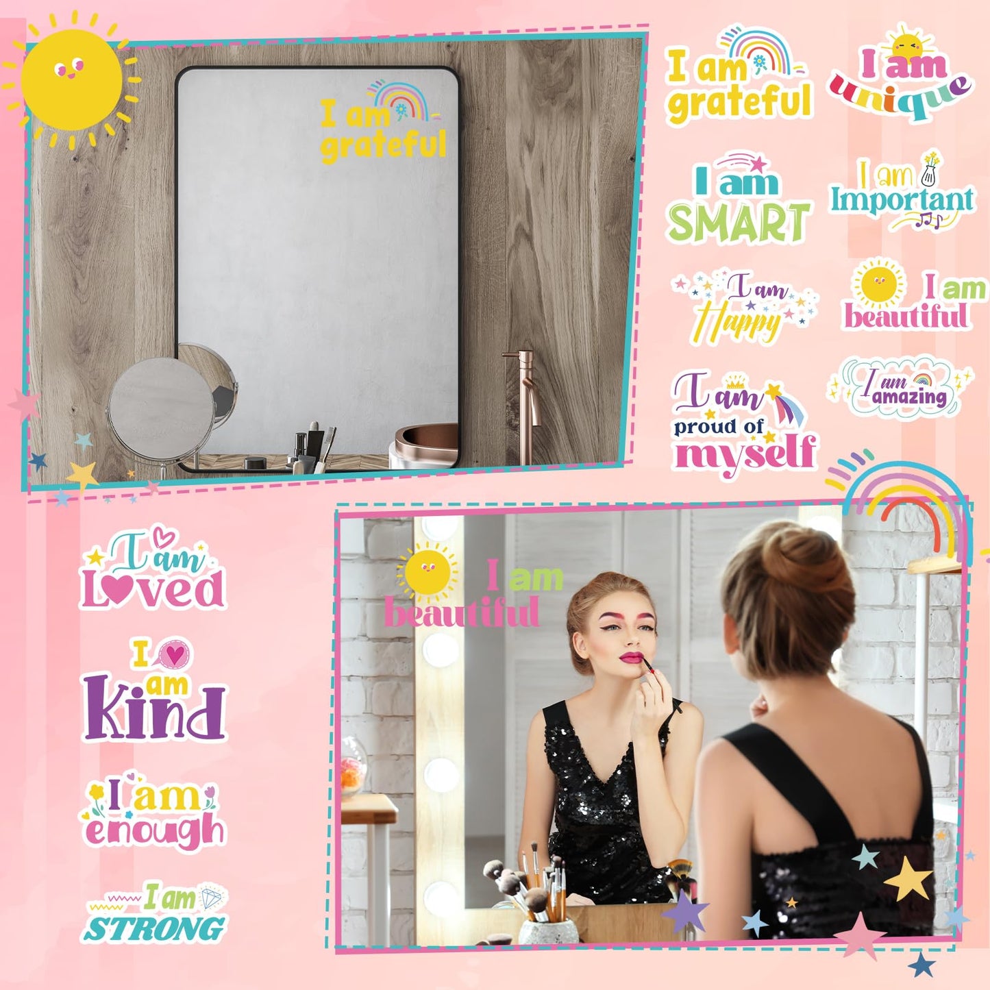 Geyoga 12 Pcs Inspirational Quote Mirror Decals Teacher Appreciation Week Vinyl Positive Saying Mirror Stickers Motivational Window Decals Peel and Stick for Home Office Staff Bathroom(Lively Style)