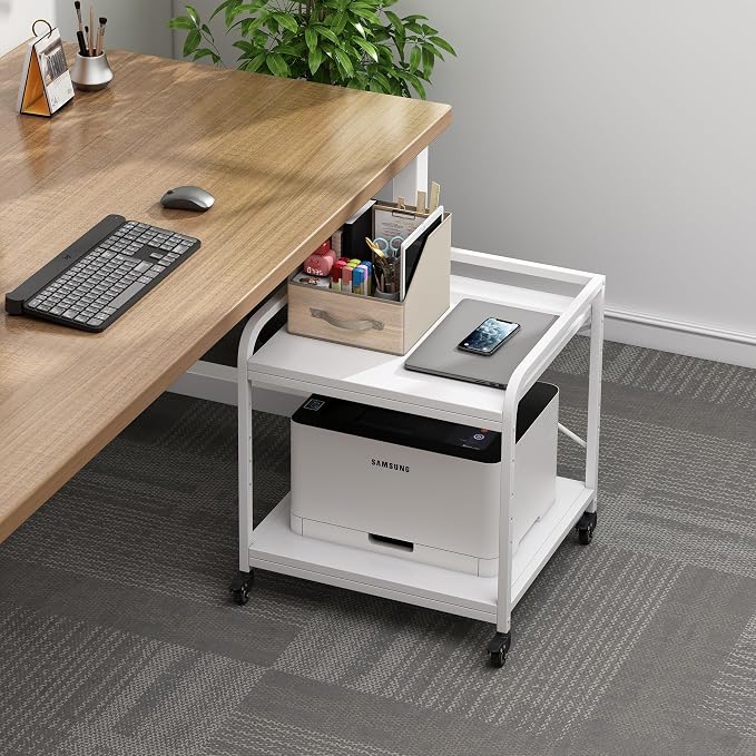 Fannova 20 Inches Deep Large Printer Stand, 2 Tier Under Desk Printer Table with Height Adjustable Shelf, Rolling Printer Cart with Wheels for Home Office Storage - White