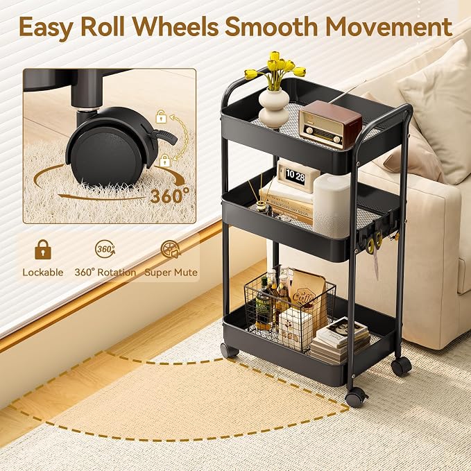 YASONIC 3-Tier Metal Rolling Cart, Sturdy Storage Utility Carts with Wheels, Multifunction Craft Art Organizer for Bedroom, Laundry, Garage, Office, Nursery, Bathroom, Easy Assembly (Black)