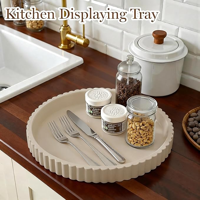 Round Decorative Trays & Coffee Table Tray, 11 Inch Fluted Coffee Table Centerpiece Decor, No Slip Modern Circle Concrete Organizer for Living Room, Console, Kitchen Island, Dresser