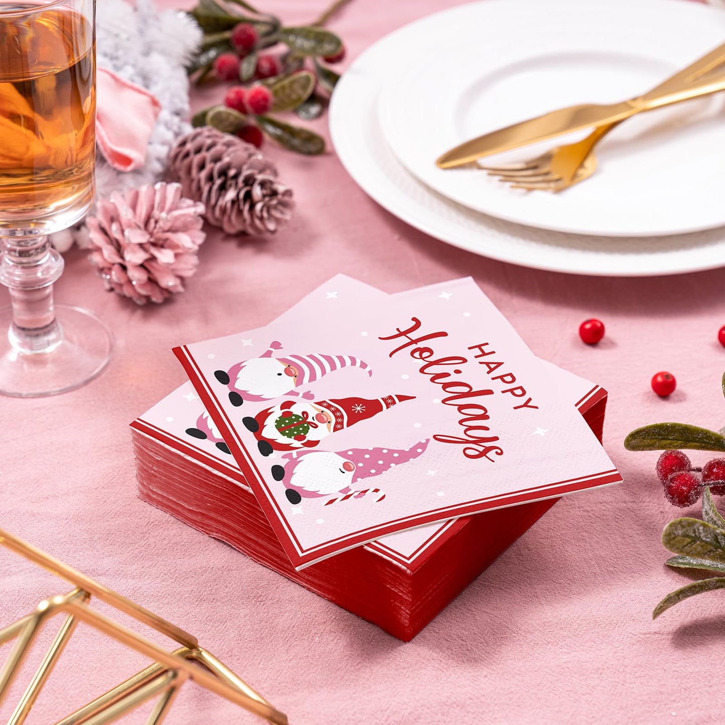 WRAPAHOLIC 50Pcs Christmas Gnomes Paper Napkins - 3-Ply Disposable Cocktail Napkin for Christmas Party Supplies Tableware, Xmas Holiday Party Decorative Towels - 5 x 5 In