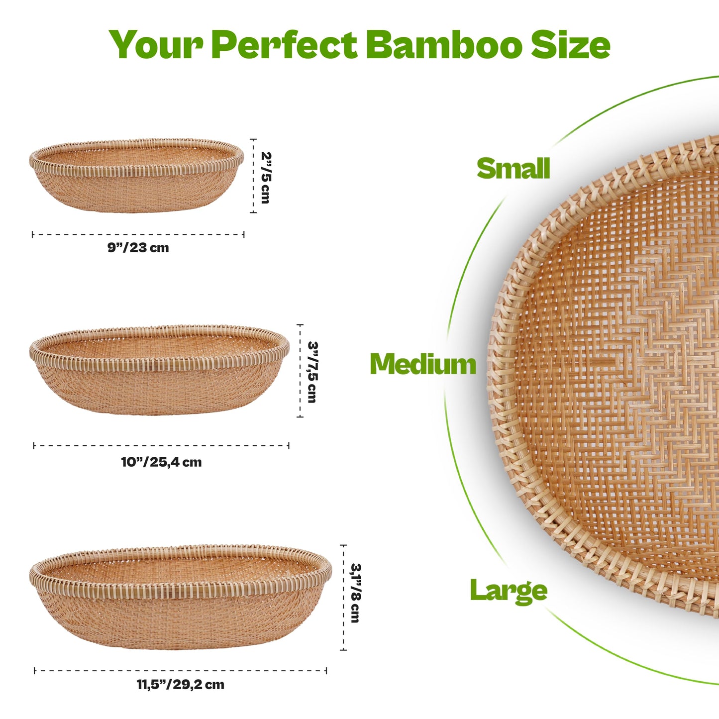 DaviGreen Set of 3 Handwoven Bamboo & Rattan Baskets – Woven Bread Basket & Fruit Bowl for Kitchen Counter, Decorative Wicker Tray for Serving Snacks, Pastries & Table Centerpiece