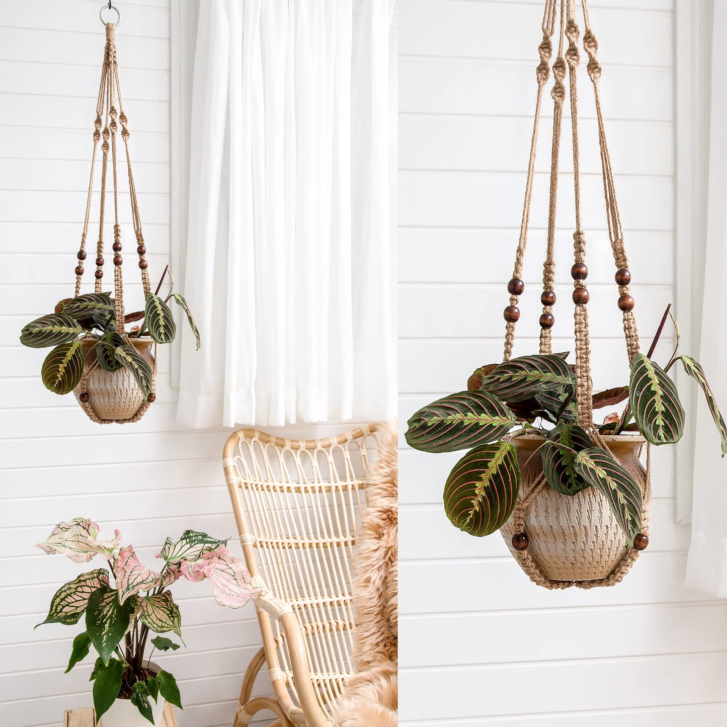 Mkono 3 Pack Macrame Plant Hangers and Ceiling Hooks, Indoor Different Size Hanging Planter Basket Flower Pot Holder with Beads No Tassels, Medium, Brown