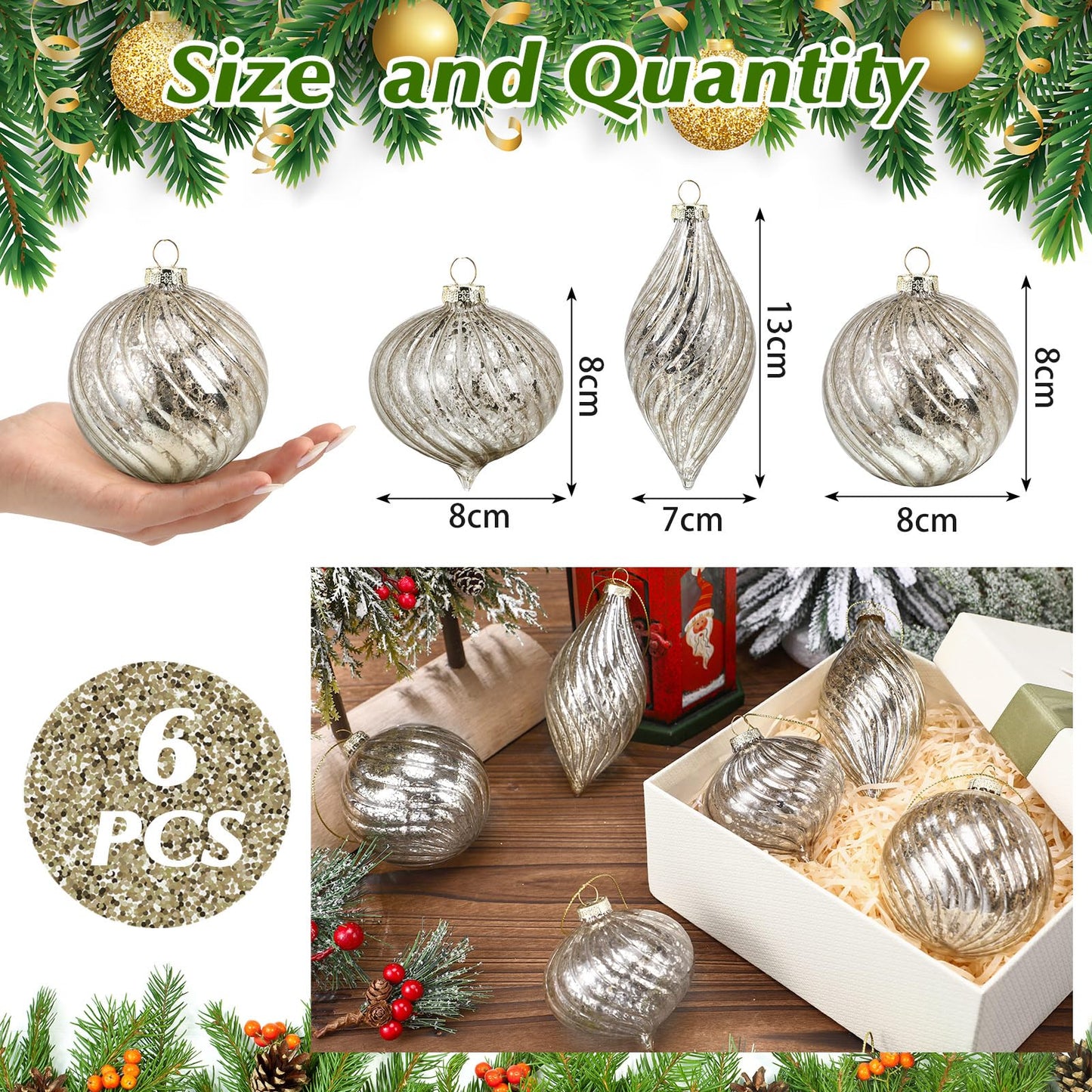 Vercraft 6 Pcs Silver Glass Christmas Ornaments, Mercury Christmas Ball Ornaments Hanging Hand Blown Glass Balls for Xmas Tree Home Wedding Birthday Holiday Party Decor, 2.36 Inch