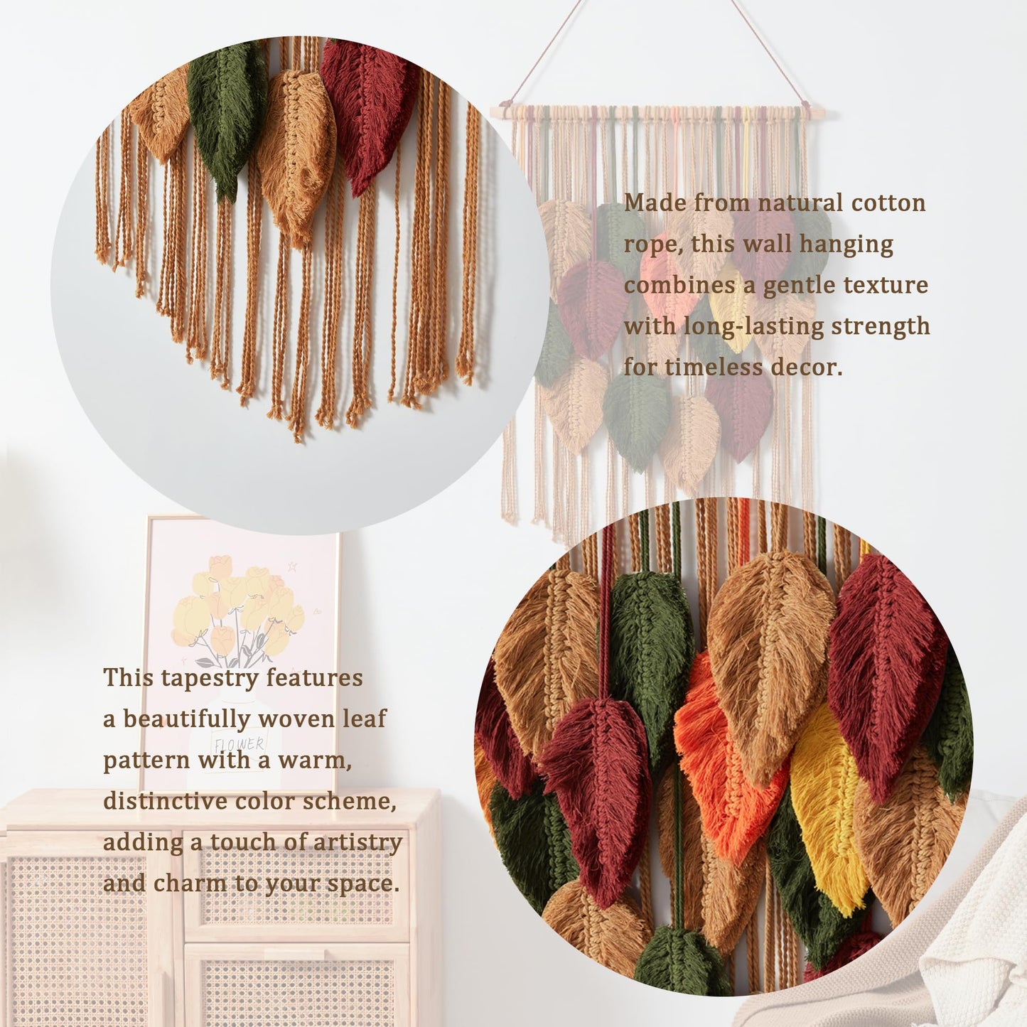 Macrame Leaf Wall Hanging Boho Wall Tapestry Handmade Woven Wall Decor Crochet Wall Art for Home Office Apartment (23.6" W x 31.5" L)
