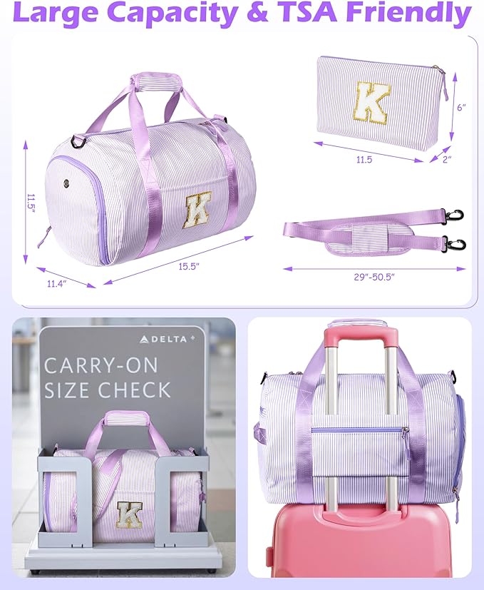 Christmas Gift for Her, Girl Gym Bag, Kids Initial Overnight Duffel Bags with Shoe Compartment, Personalized Dance Bag with Makeup Pouch, Tween Girls Gifts Trendy Stuff (Letter W)