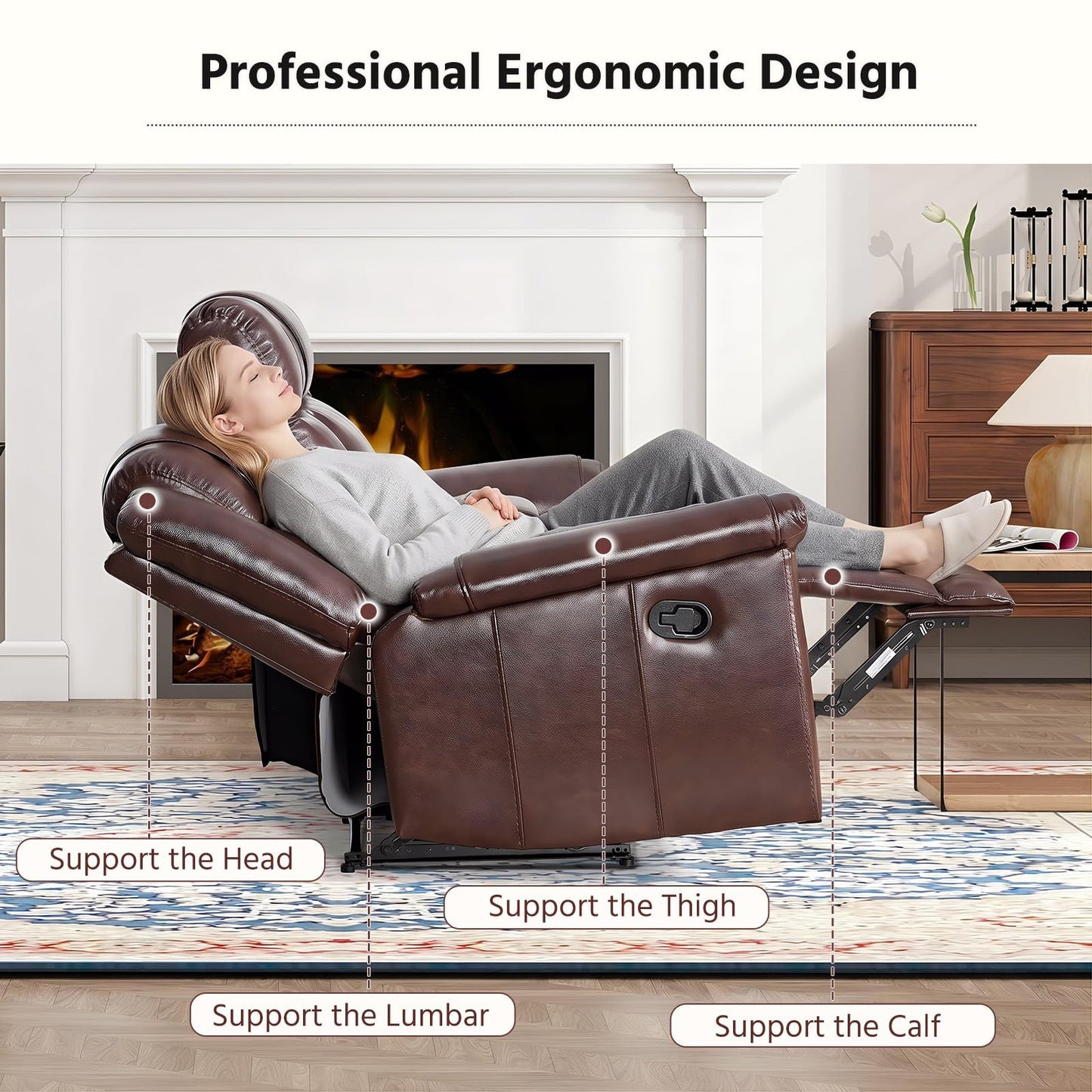 ANJ Premium Genuine Manual Reclining Sofa Set with Overstuffed Backrest, Included Single Recliner Chair and Loveseat 2-Seater Couch with Storage Console, 2-Piece Living Room Furniture Set, Rust Brown