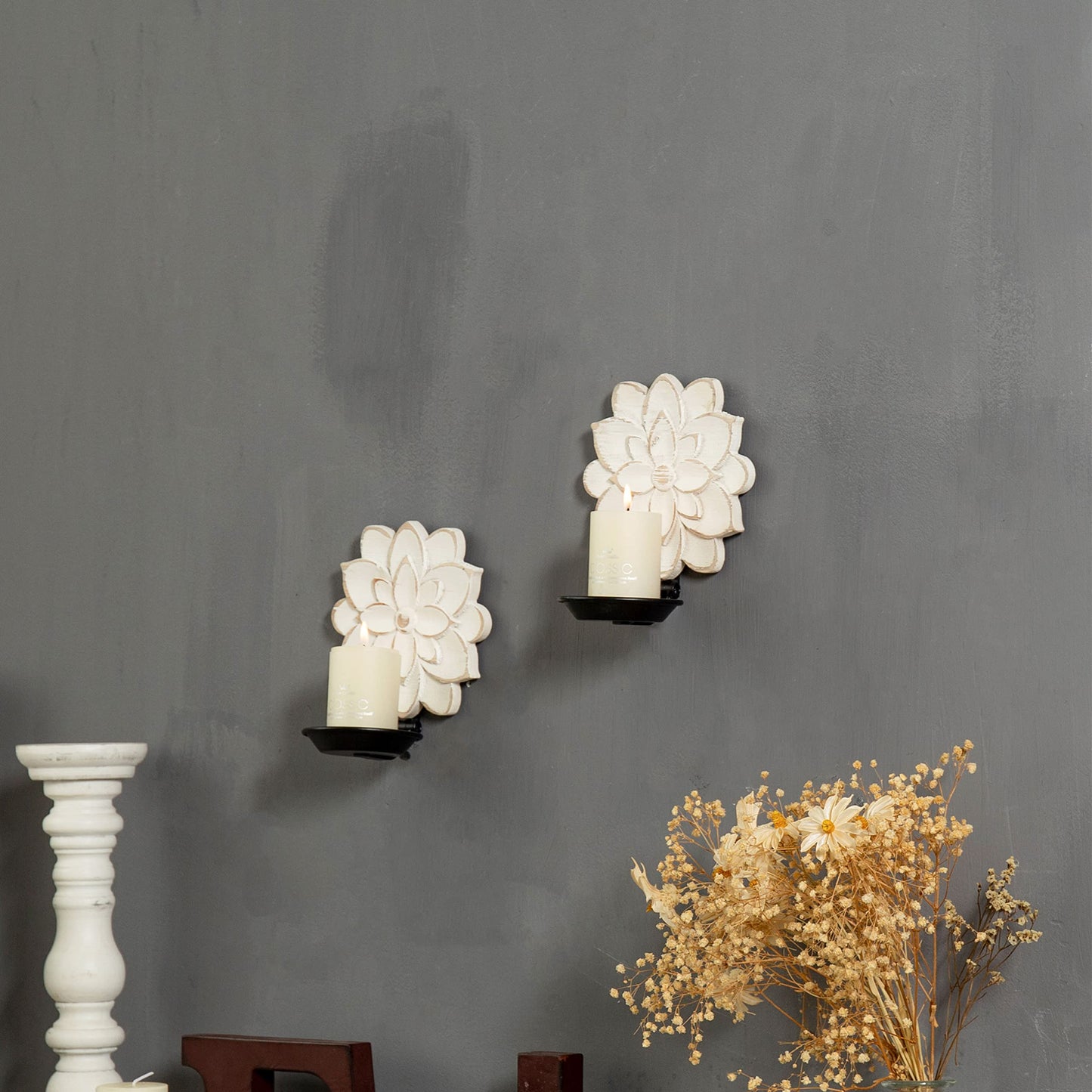 Farmhouse Candle Sconces Set of Two, Handcarved Wall Candle Holders Decorative, Flower Pattern, Distressed Finish Rustic Candle Holder Wall Decor for Living Room, Hallway