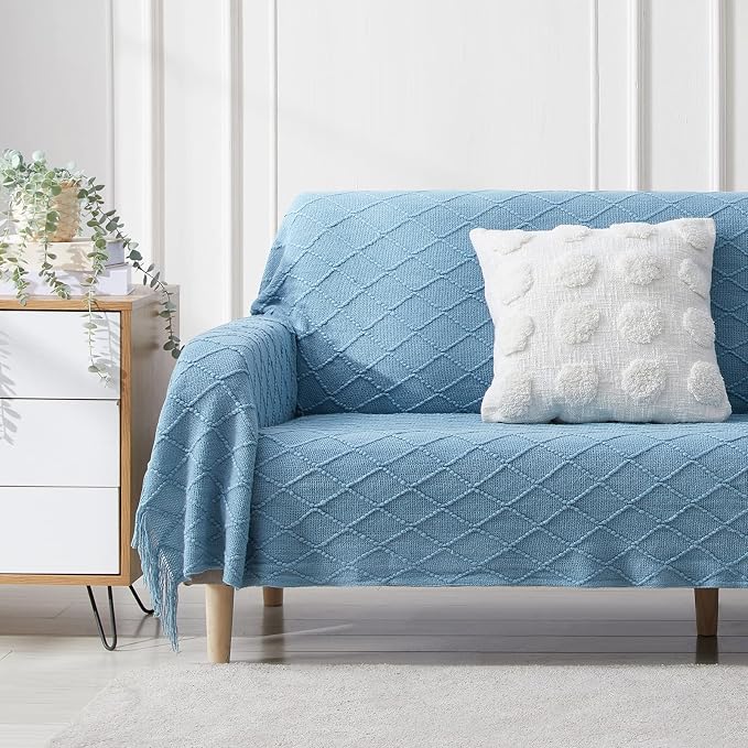 BOURINA Blue Throw Blanket 50 x90 Inches Throw Textured Solid Soft Sofa Throw Bed Runner Couch Cover Knitted Decorative Blanket Bed Runner