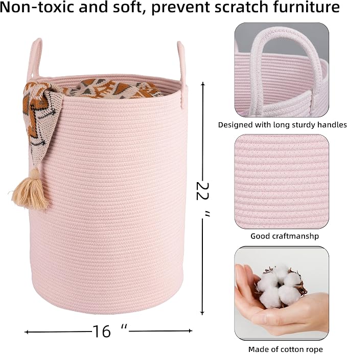 XUANGUO Cotton Rope Laundry Basket Hamper for Clothes Woven Storage Basket for Living Room Bedroom Boho Tall Rope Baskets for Blanket Toys Pillow Towels Baby Nursery Hamper Bin Large light pink