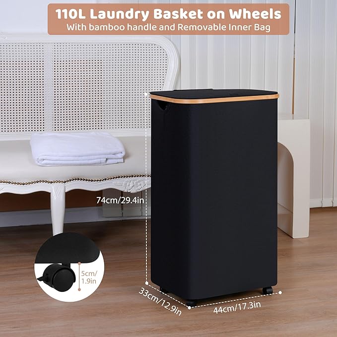 iEGrow 110L Laundry Basket with Wheels,Clothes Hamper for Laundry,Laundry Hamper with Lid and Inner Bag, for Laundry Room, Bedroom, Dormitory Storage,Black