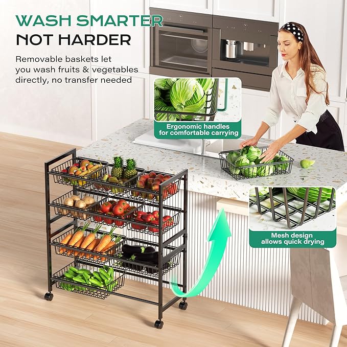 Cinati 4-Tier Snack Cart with Wheels, 29''W Toy Storage Organizer, Rolling Pantry Storage Cart with 10 Wire Baskets & Handle,Adjustable Metal Snack Rack, Kitchen Organizer for Fruit, Vegetables(Black)