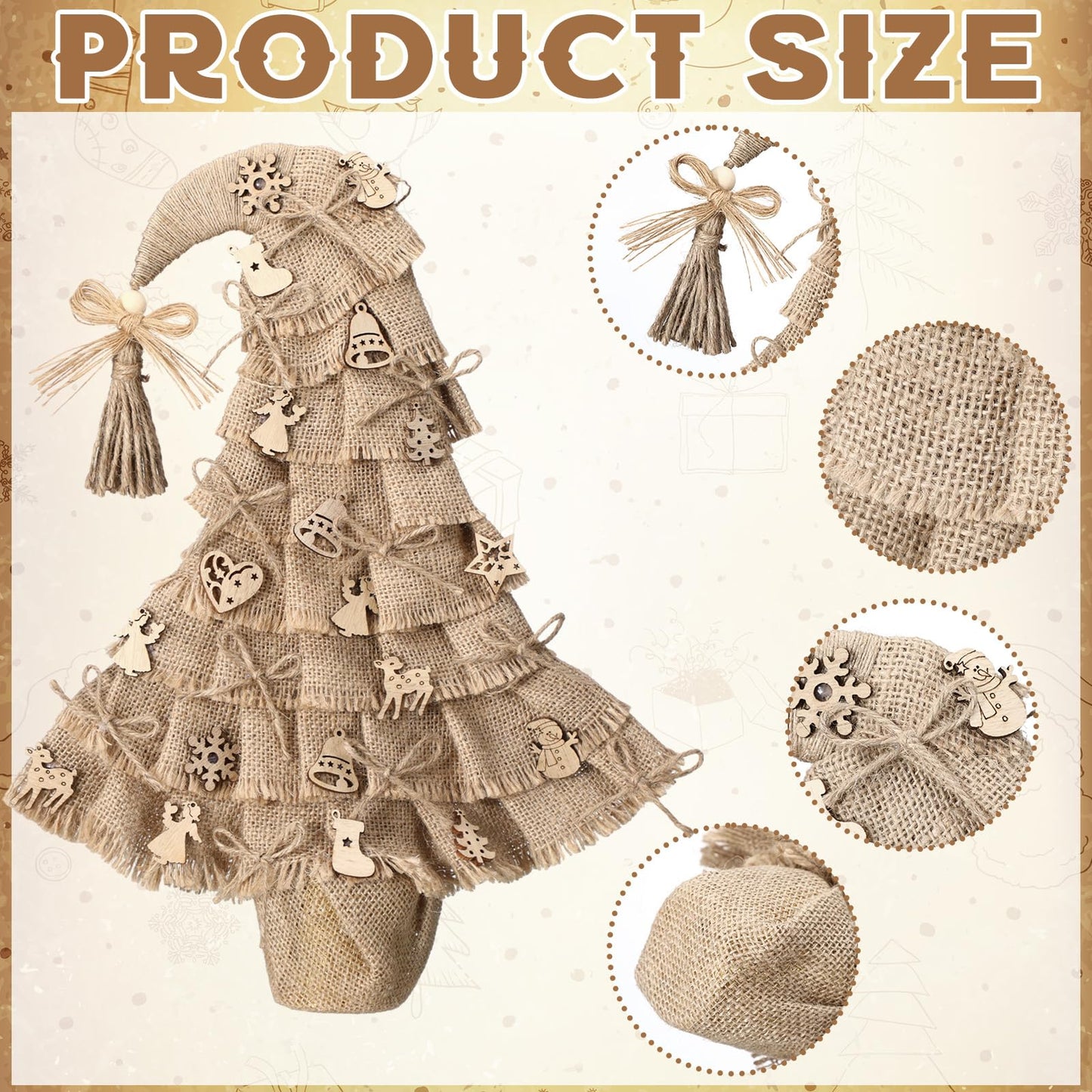 Civaner Boho Christmas Tree Tabletop Decor 16 Inch Mini Christmas Tree Burlap Jute Xmas Table Decoration with Santa Hat Bow Snowflake Bell Deer Design for Xmas Holiday Farmhouse Home Kitchen