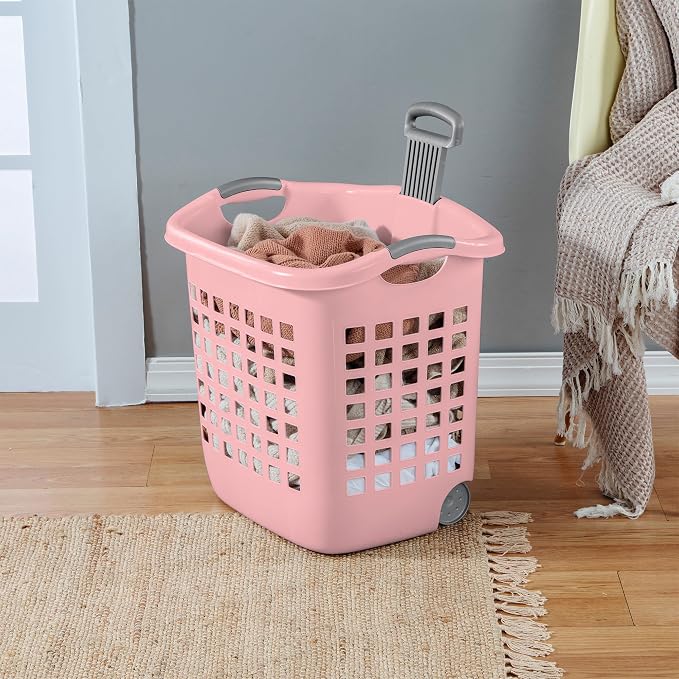 Sterilite 4 Pack Ultra Wheeled Laundry Basket, Plastic Clothes Hamper Bin with Wheels and Retractable Handle, 1.7 Bushel Capacity, Pink Frost