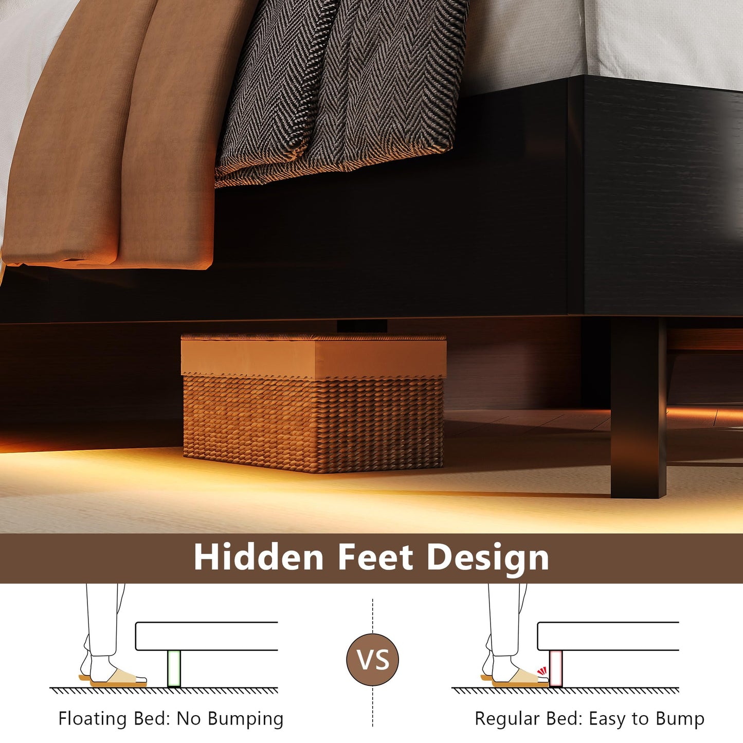 Einhomn Floating Bed Frame Full with 2-Tier Storage Linen Fabric Upholstered Headboard, Wooden Platform Bed Frame w/Charging Station & LED Lights, Metal Slats Support, No Box Spring Needed, Black