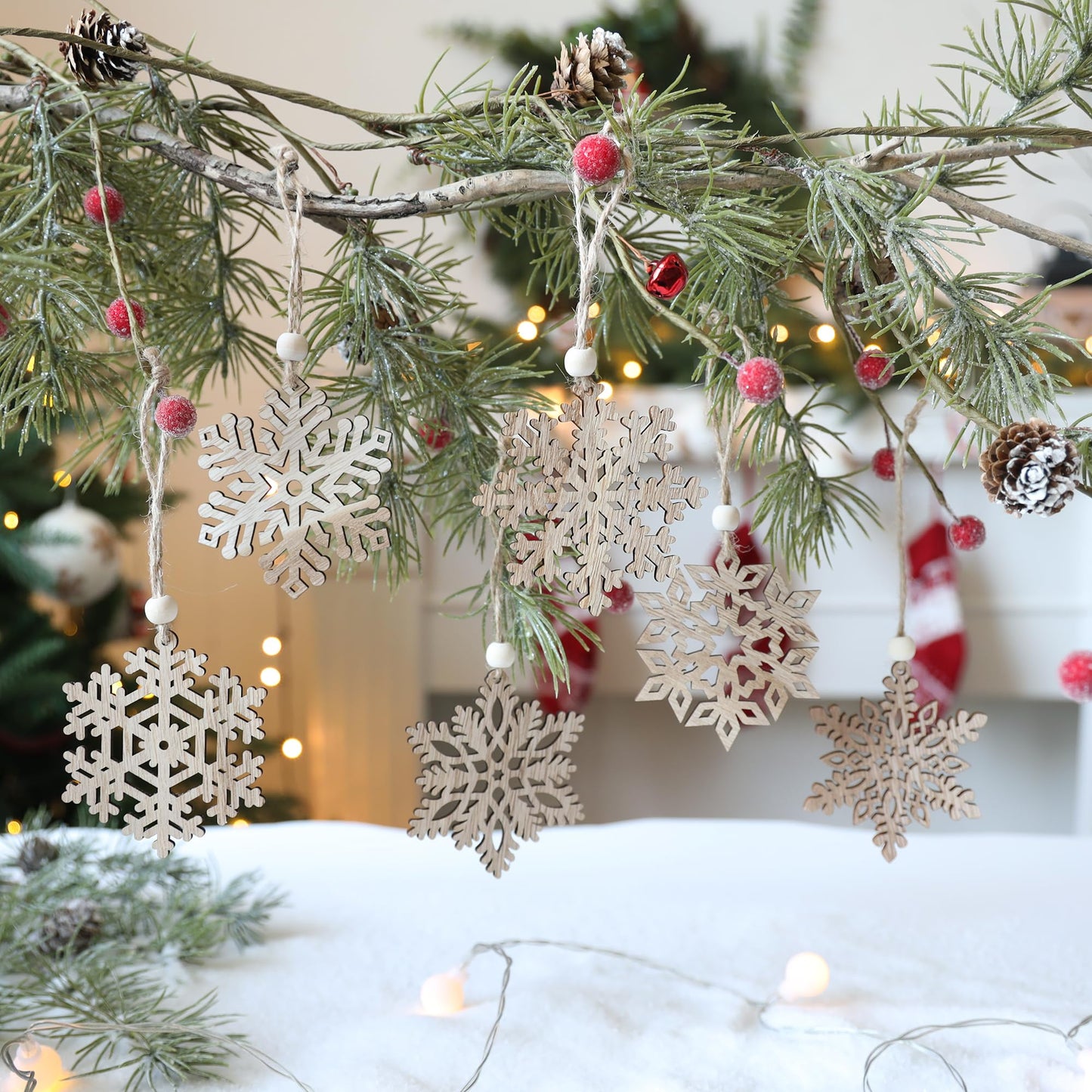 16pieces Wooden Snowflake Ornaments, 3inch Rustic Snowflakes Christmas Ornaments for Crafts Christmas Tree Boho Winter Decoration Gifts 8 Styles