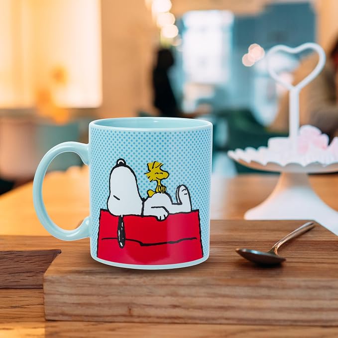Silver Buffalo Peanuts Snoopy and Woodstock on House Blue Dot Background Ceramic Coffee Mug, 20 Ounces