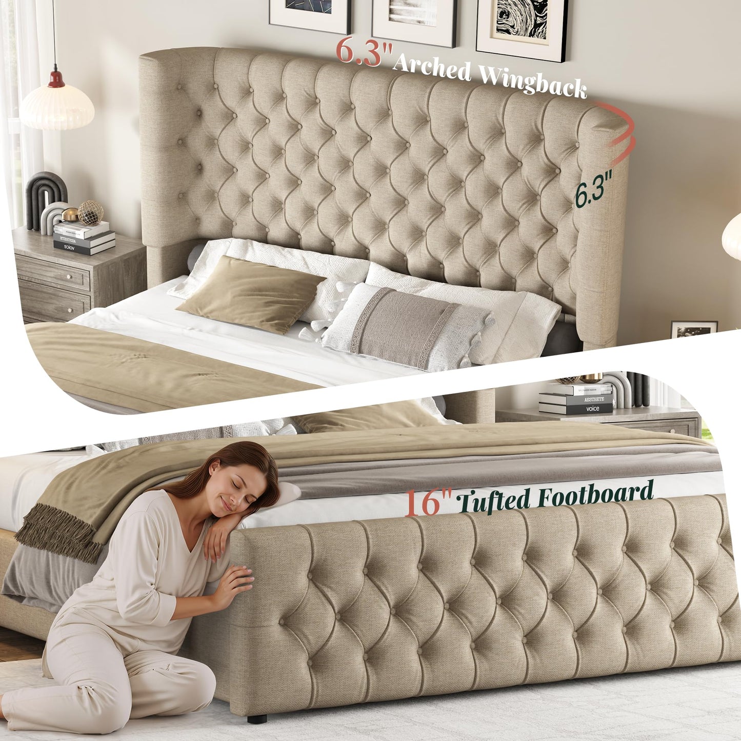 Jocisland Queen Size Platform Bed Frame, 6.3" Thick Upholstered Curved Wingback Headboard and Footboard with Deep Button Tufted, Easy Assembly, No Box Spring Needed, Khaki Linen