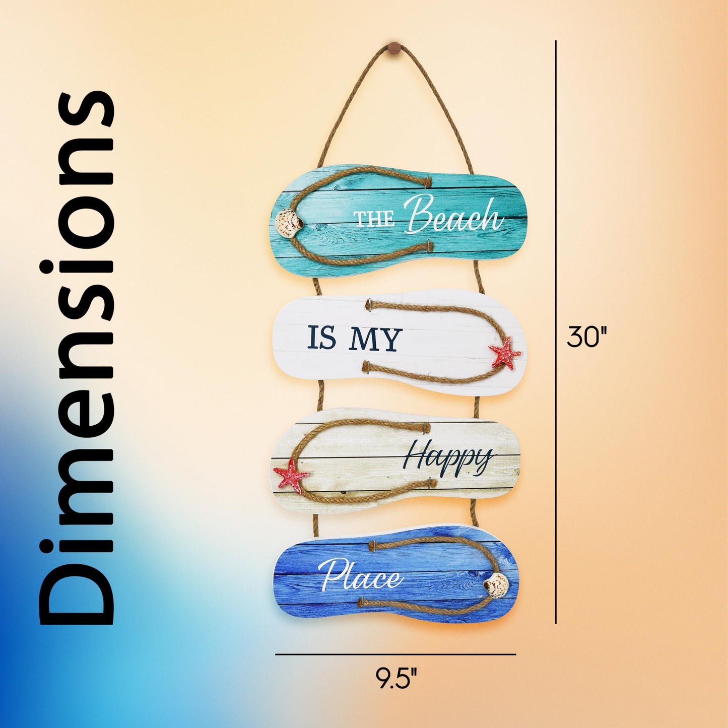 Wooden Flip Flop Beach Decor Sign Nautical Coastal Wood Wall Decor with Rope Hanger Summer Indoor and Outdoor Wall Accent for Bathroom, Bedroom & Living Room