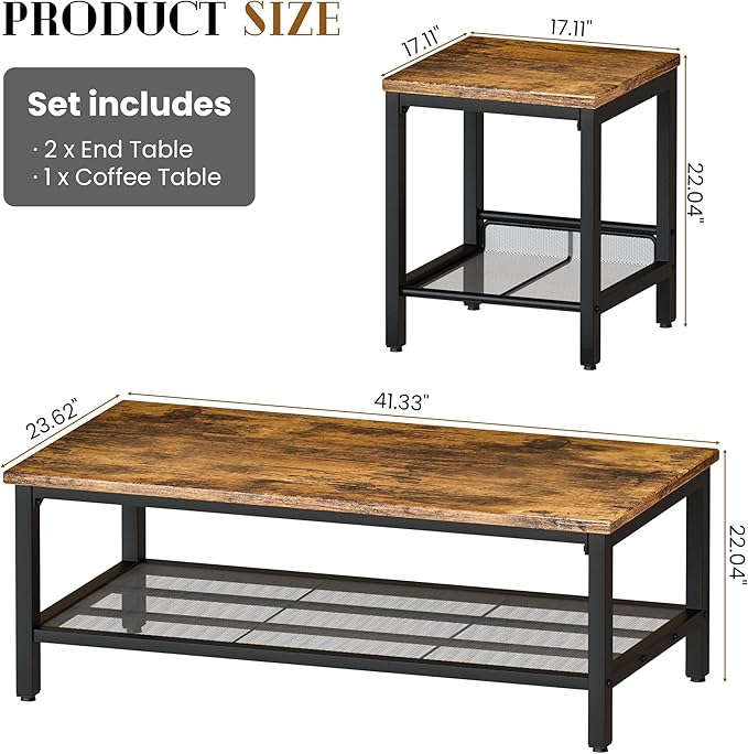 AWQM Coffee Table Industrial Coffee Table with 2 Square End Side Tables, Modern Living Room Table Set with Metal Frame for Apartment Home Office, Rustic Brown Set001