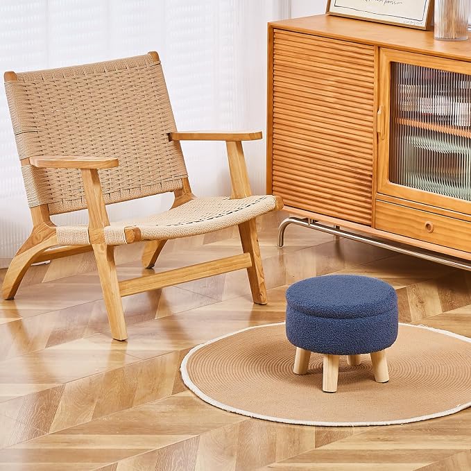Wimarsbon Storage Ottoman, Modern Round Footrest with Soft Padded Seat, Teddy Velvet Footstool with Wood Legs, Accent Small Table or Plant Stand for Hallway, Living Room (Grey-Blue)