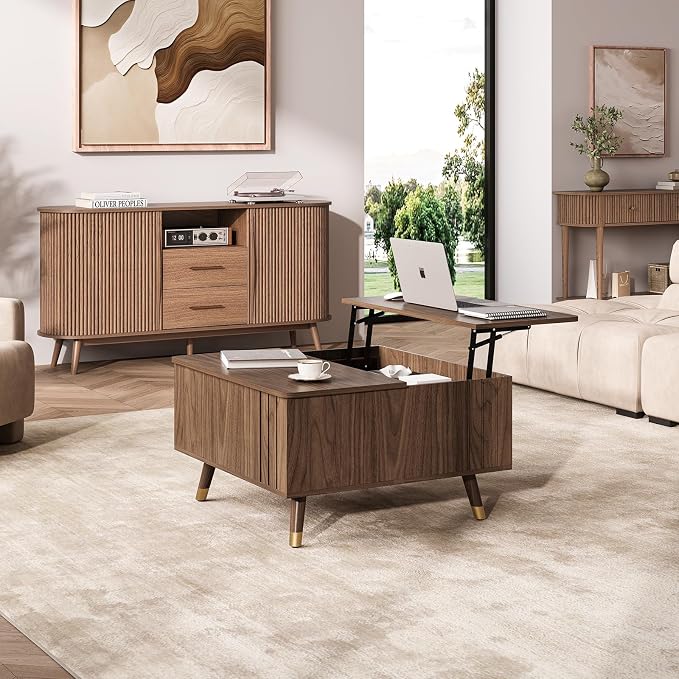 JOINICE 32" Square Lift Top Coffee Table with Storage,Mid Century Modern Walnut Center Table with Rising Desktop for Living Room, Brown Wood Finish
