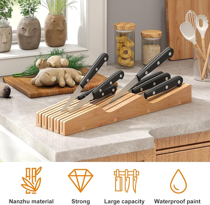 In-Drawer Knife Block Organizer - Bamboo Wood Drawer Knife Organizer-Protecting Knife Organizer Block (Not Included) (Natural, 9 Knives Dock)